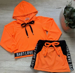 Conjunto love neon ( na malha screen, cropped esportivo, shorts saia )