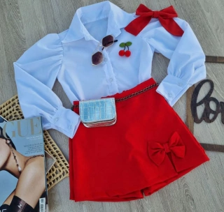 Conjunto Olívia ( camisa tricoline, shorts saia, acompanha o laço de cabelo)