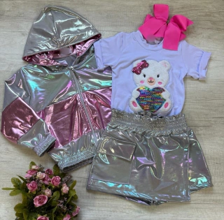 Conjunto com 3 peças ( jaqueta metalizada bicolor, blusa, shorts saia)