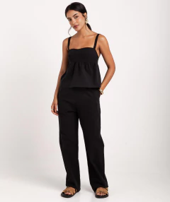 calça reta algodão bordado preta