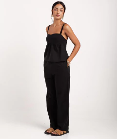 calça reta algodão bordado preta