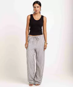 calça reta listra bordada marinho