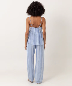 calça reta algodão com listras bordadas azul denim