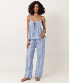 calça reta algodão com listras bordadas azul denim