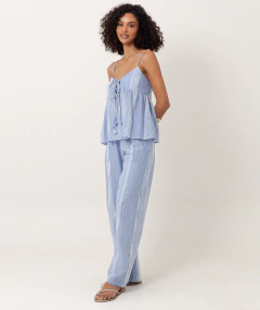 calça reta algodão com listras bordadas azul denim