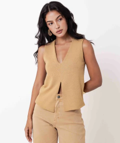 blusa decote v tricot camel
