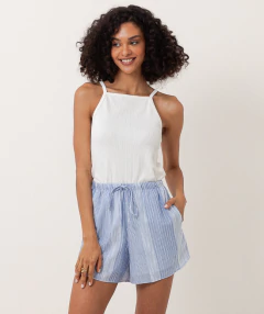 short algodão com listras texturizadas azul denim