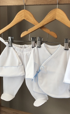 Ajuar 3 piezas, Algodón Pima, BLANCO PICOT CELESTE. - comprar online