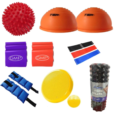Kit Kinesiologia N1 Pelota Maciza+Mini Bosu Liso +Tiraband 1.20 Baja+Tirabadn 1.20 Alta+Par Tobilleras 1Kg+Disco Propioecepcion+Kit latex+Rolo hueco