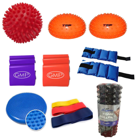 Kit Kinesiologia N4 Pelota Maciza+Mini Bosu Pinches+Tiraband 1.20 Baja+Tiraband 1.20 Alta+Tobillera 1Kg+Disco propiocepcion+Tela x3+Rolo Hueco - comprar online