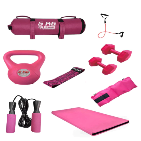 Kit Rosa N1 Bolsa Core 5Kg +Pesa Rusa 2Kg+ Banda Circular Proyec Baja +Soga Pvc + Banda Dos Agarres + Colchoneta+ Mancuernas 2Kg+Tobilleras 1Kg - comprar online