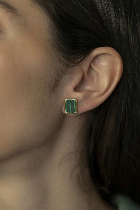 Brinco quadrado malaquita ouro
