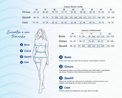 Tabela de medidas para calças, shorts e saias, incluindo instruções para encontrar o tamanho correto com base nas medidas de busto, cintura, quadril e coxa.