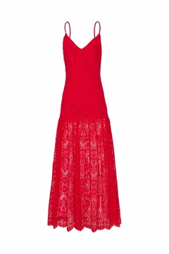 Vestido Longo em Renda com Barrado Franzido - Vermelho