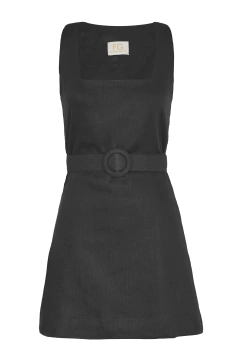 Vestido Curto Linho com Cinto - Preto na internet