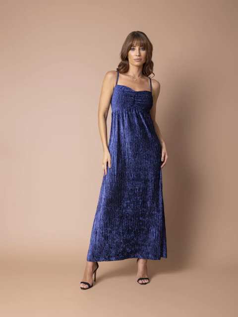 Vestido em Veludo Plissé - Azul Marinho - comprar online