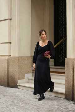Vestido Midi Manga Bufante - Preto na internet