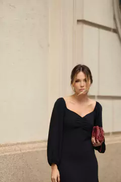 Vestido Midi Manga Bufante - Preto - Fernanda Gardini