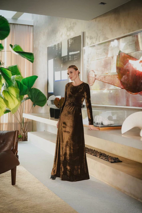 Vestido Veludo Clássico - Marrom - comprar online