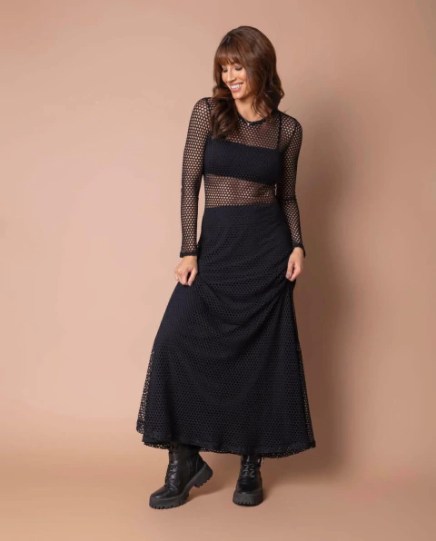 Vestido Tela Manga Comprida - Preto - comprar online