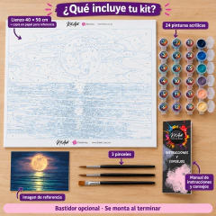 Qué incluye el kit Luna y Mar: lienzo y copia en papel de 40 × 50 cm, referencia a color, 24 acrílicos, 3 pinceles y manual. Imagen ilustrativa.
