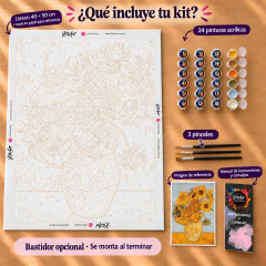 Qué incluye el kit Los Girasoles de Van Gogh: lienzo 40 × 50 cm y copia en papel del mismo tamaño, imagen de referencia, 24 pinturas acrílicas, 3 pinceles y manual.