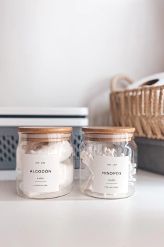 SET X2 FRASCOS VIDRIO REDONDO HISOPOS ALGODON TAPA BAMBOO