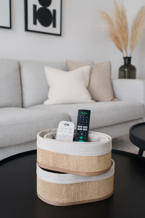 CANASTO ORGANIZADOR OVAL BAMBU Y LIENZO NATURAL - comprar online