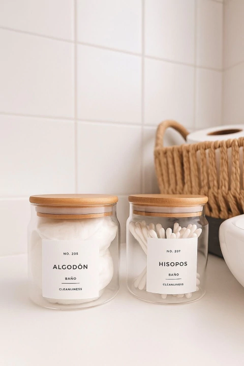 SET X2 FRASCOS VIDRIO REDONDO HISOPOS ALGODON TAPA BAMBOO - comprar online
