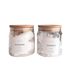SET X2 FRASCOS VIDRIO REDONDO HISOPOS ALGODON TAPA BAMBOO - comprar online