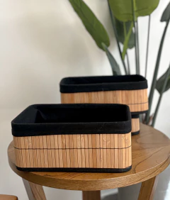 CANASTO ORGANIZADOR RECTANGULAR BAMBU Y LIENZO NEGRO - Mama al Mando