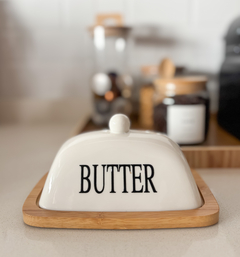 MANTEQUERA BUTTER TAPA BLANCA CERÁMICA BASE BAMBU