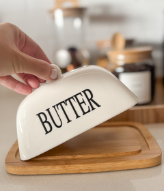 MANTEQUERA BUTTER TAPA BLANCA CERÁMICA BASE BAMBU - comprar online