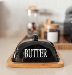 MANTEQUERA BUTTER TAPA NEGRA CERÁMICA BASE BAMBU