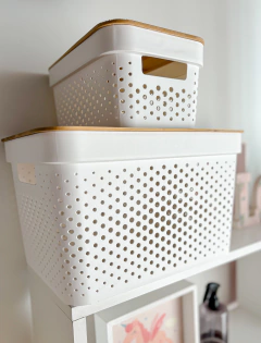 CANASTO ORGANIZADOR PLASTICO TAPA MADERA - comprar online