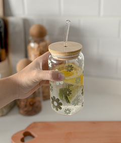 VASO VIDRIO C/ SORBETE TAPA BAMBO FLOWERS en internet