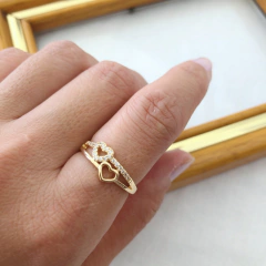 Anel corações liso e cravejado banhado a ouro - comprar online