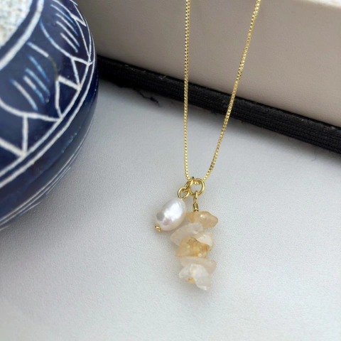 Colar pérola e citrinos banhado a ouro