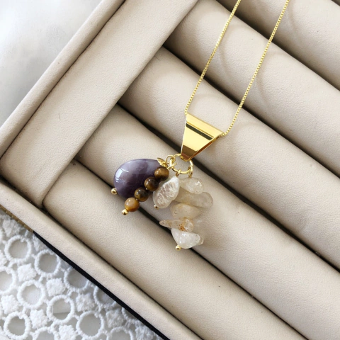 Colar patuá sorte com pedras naturais banhado a ouro