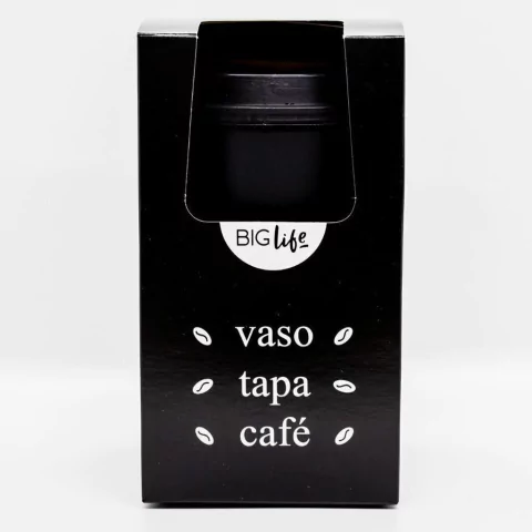 Vaso Total Black con tapa café y packaging