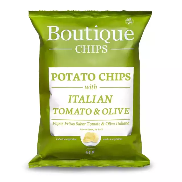 Chips de Papas Sabor Tomate y Oliva x65G "Boutique Chips"