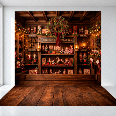 Fundo Fotográfico em Tecido Natal Loja de Brinquedos Rustica