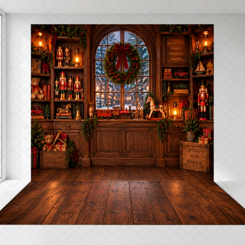 Fundo Fotográfico em Tecido Natal Loja de Brinquedos Rustica