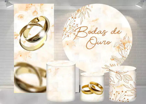 Kit Painel + Trio de Cilindros + Painel Lateral Sublimados Bodas de Ouro SKIT065