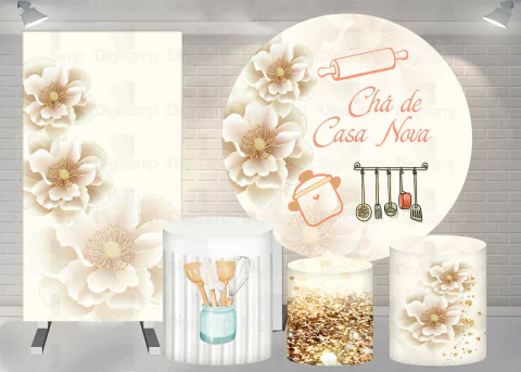 Kit Painel + Trio de Cilindros + Painel Lateral Sublimados Chá de Casa Nova SKIT198