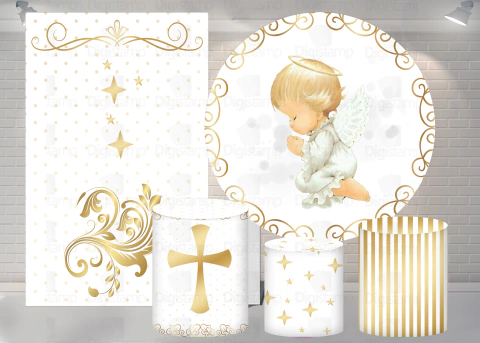 Kit Painel + Trio de Cilindros + Painel Lateral Sublimados Batizado SKIT136