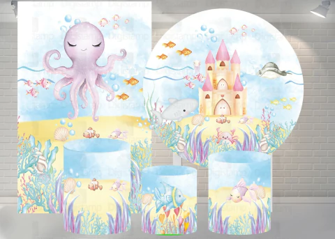 Kit Painel + Trio de Cilindros + Painel Lateral Sublimados Fundo do Mar SKIT012