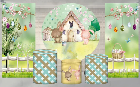 Kit Painel + Trio de Cilindros + 2 Painéis Laterais Sublimados Pascoa SKIT039