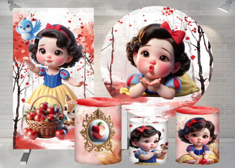 Kit Painel + Trio de Cilindros + Painel Lateral Sublimados Branca de Neve SKIT309