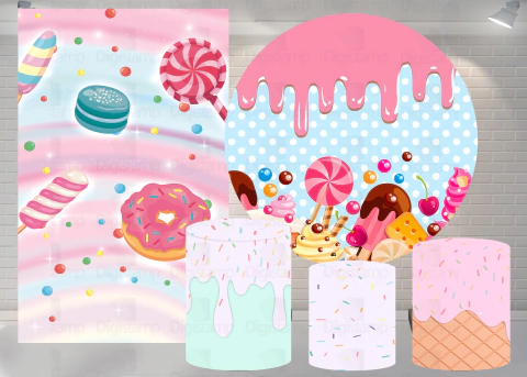 Kit Painel + Trio de Cilindros + Painel Lateral Sublimados Confeitaria SKIT150